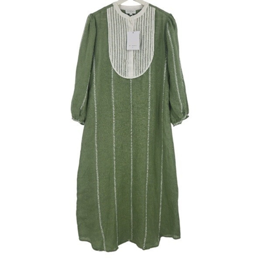 Asha by Ashley McCormick Shirt Dress Green Linen peasant Embroidered Maxi NWT M
